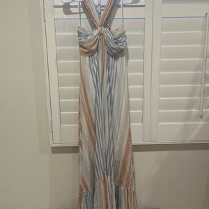 Fate Blue and Tan Ruched Halter Maxi Sundress